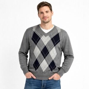 Merino Wool Argyle Sweater Mens L Gray Navy V-Neck Made in Italy Mario Gilberti